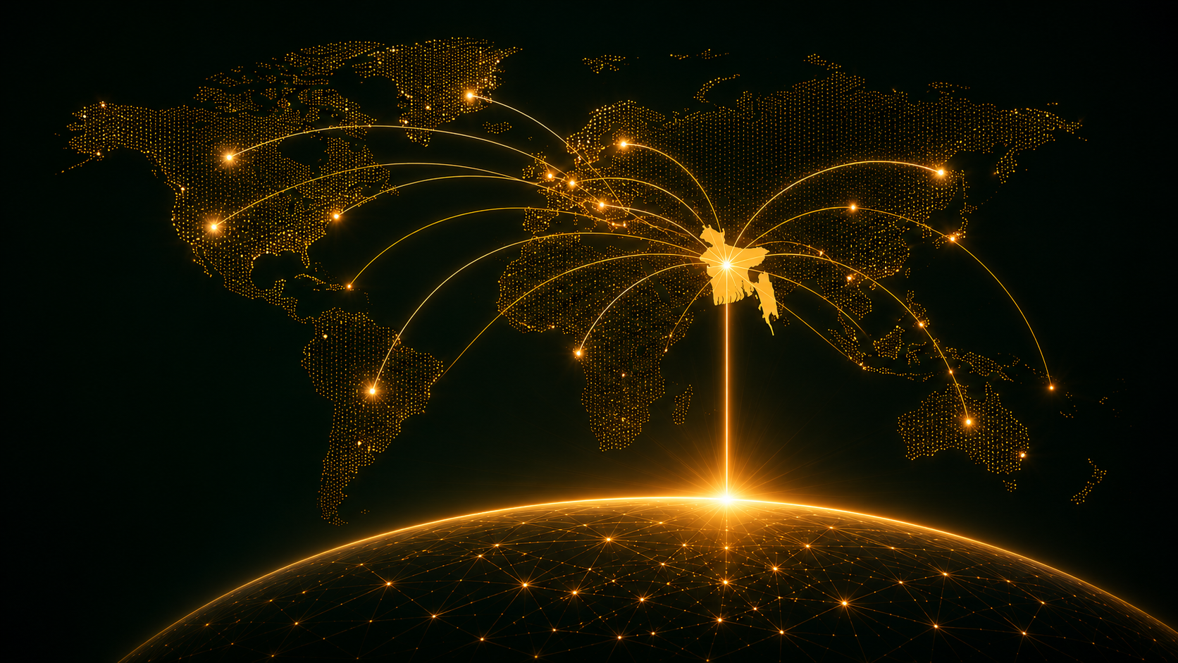 The NRB DealFlow global Non-Resident Bangladeshi network — gold connection beams from Bangladesh to hubs across the world